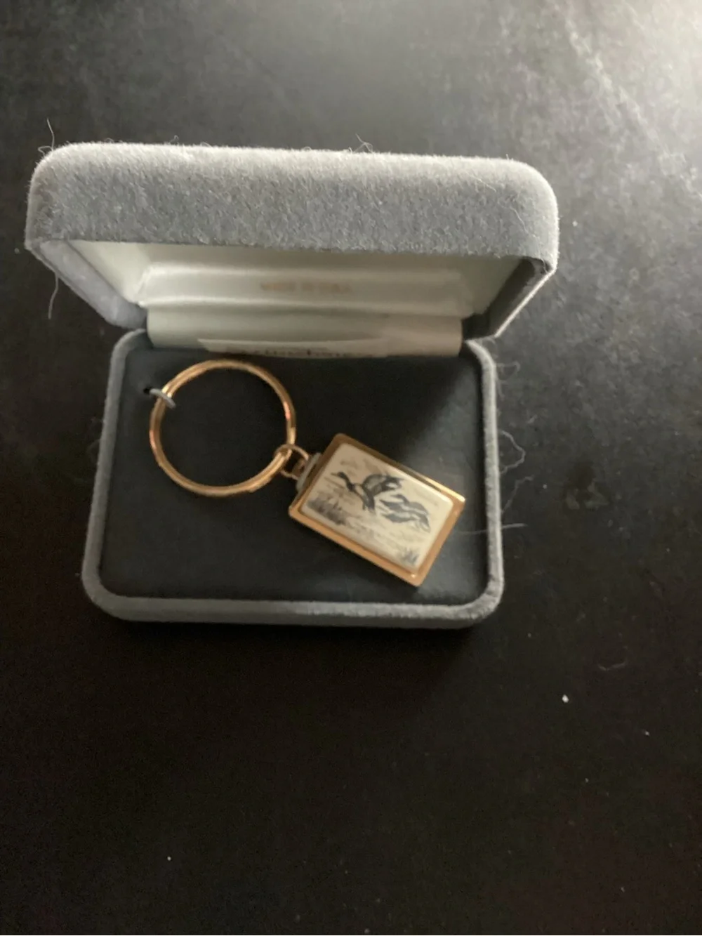 Gold-Tone Rectangular Locket Keychain with Bird Engraving